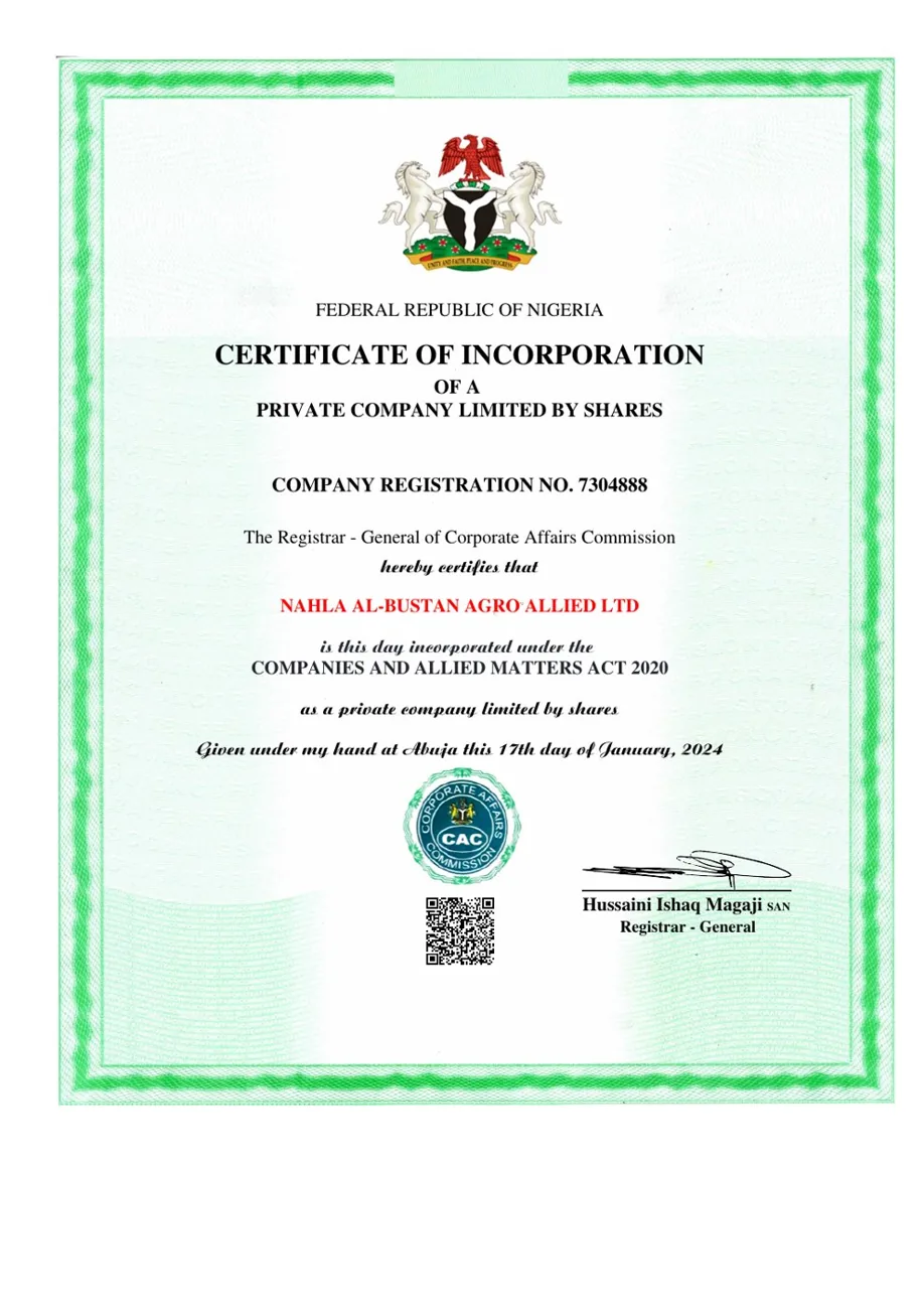 Certificate of Incorporation for Nahla Al-Bustan Agro Allied Ltd, RC 7304888, Corporate Affairs Commission of Nigeria